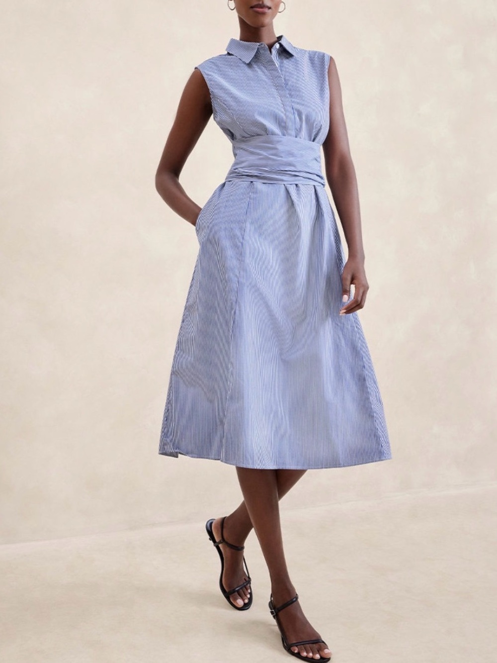 Banana Republic Factory Poplin Cross-Waist Midi Dress Blue White Stripe Medium
